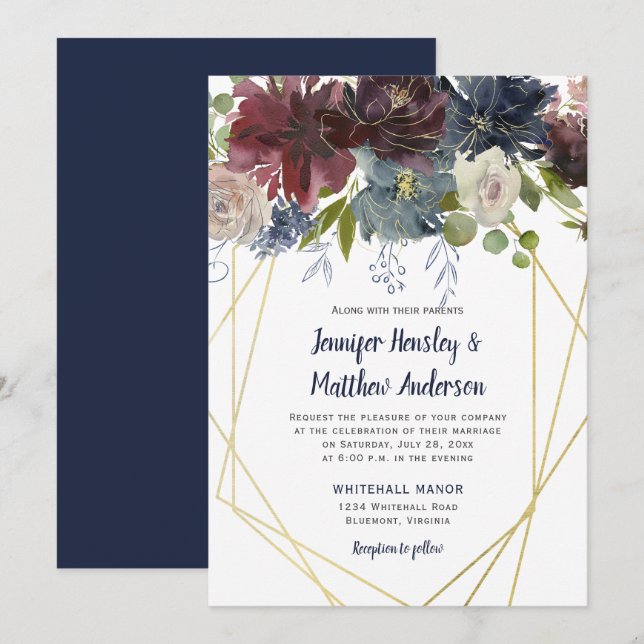 Invitation Russe Marine Bourgogne Rose Mariage géométrique Fl (Devant / Derrière)