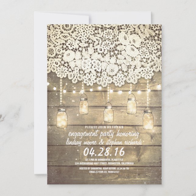 Invitation Russe Mason Jar Lights Lace Wood Engagement Party (Devant)