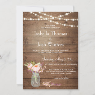 Invitation Russe Mason Jar Lights Pink Peony Bouquet Mariage