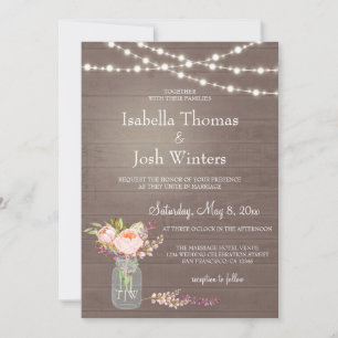Invitation Russe Mason Jar Lights Pink Peony Bouquet Mariage