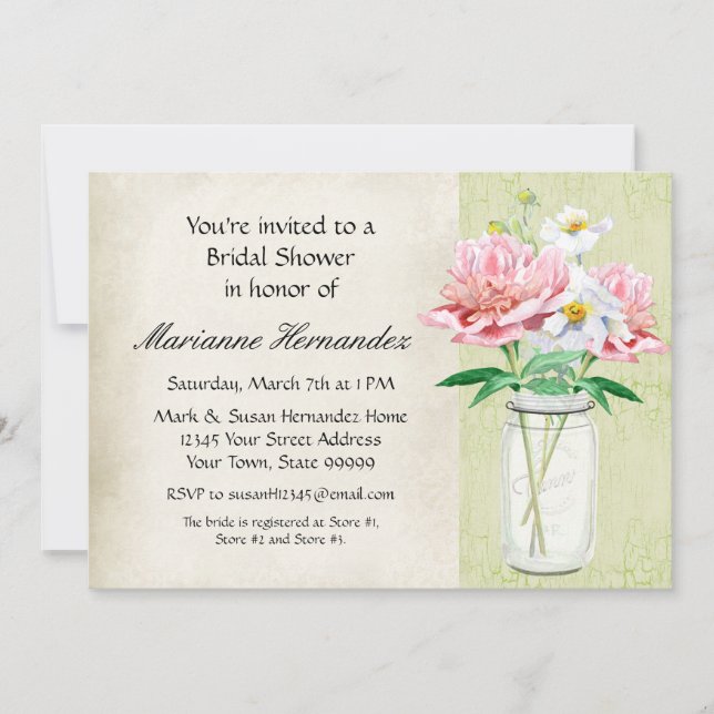 Invitation Russe Mason Jar Peony Bouquet de pavot rose (Devant)