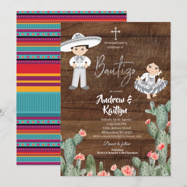 Invitation Russe Mexicaine Argent Charro Garçon fille Twin Ba (Devant / Derrière)