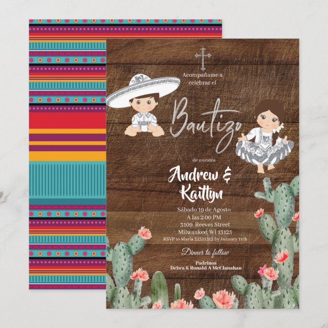 Invitation Russe Mexicaine Argent Charro Garçon fille Twin Ba (Devant / Derrière)