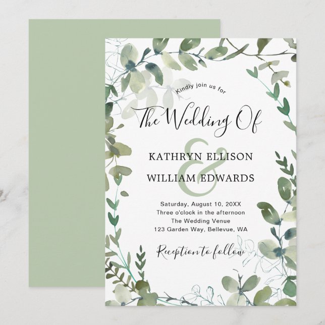 Invitation Russe moderne Eucalyptus Mariage vert (Devant / Derrière)