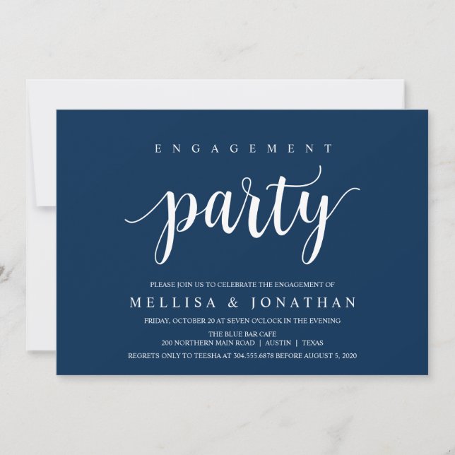 Invitation Russe moderne, Script bleu marine, Partie d'engage (Devant)