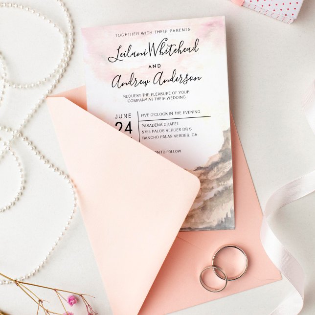 Invitation Russe Mountain Range Aquarelle Pink Sky Mariage (Créateur téléchargé)