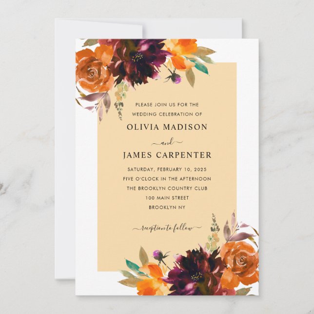 Invitation Russe moutarde jaune violet bordeaux automne flora (Devant)