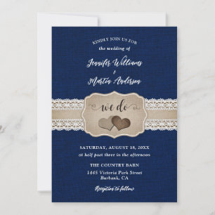 Invitation Russe Navy Blue Burlap et Mariage de dentelle