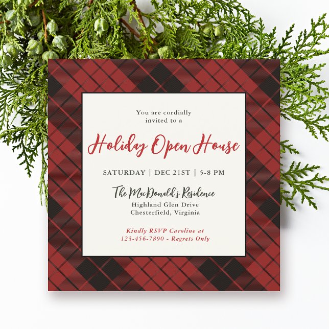 Invitation Russe Noël Rouge Plaid Holiday Open House (Available in both printed and instant download digital formats.)