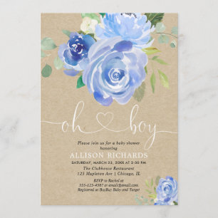 Invitation Russe Oh Boy baby shower floral kraft bleu