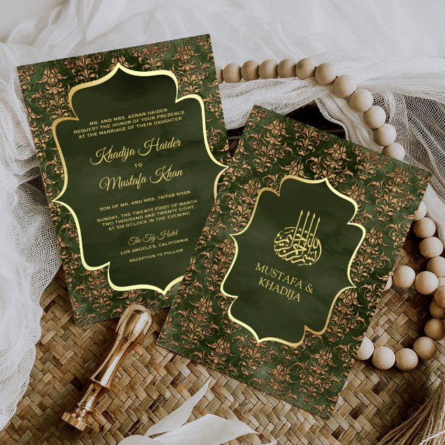 Invitation Russe Olive Green Gold Damask Mariage musulman (Créateur téléchargé)