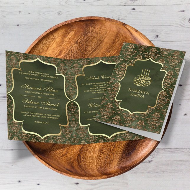 Invitation Russe Olive Green Gold Damask Mariage musulman (Créateur téléchargé)