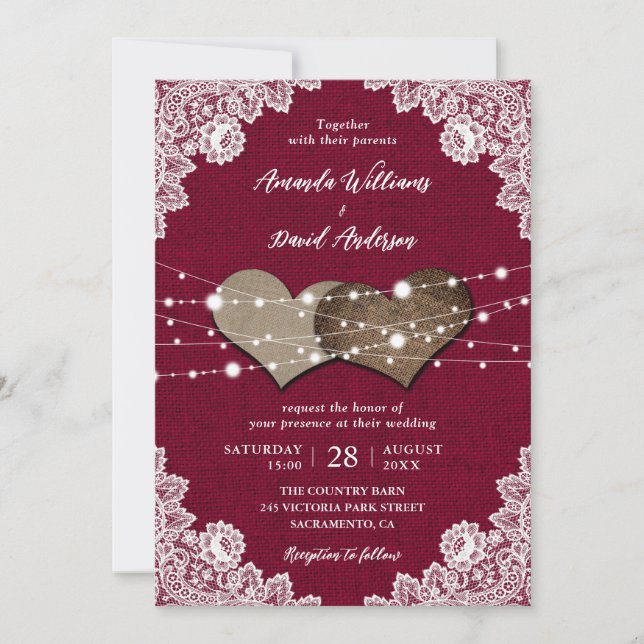 Invitation Russe Pays Bourgogne Burlap et Mariage de dentelle (Devant)