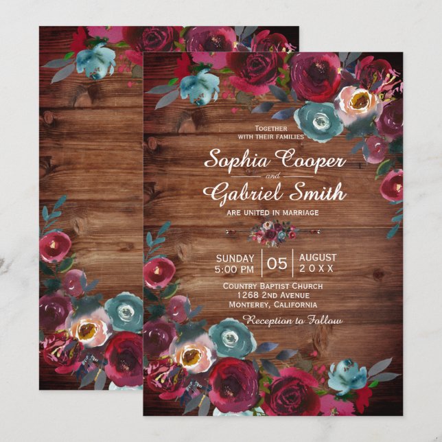 Invitation Russe Pays Bourgogne Rouge Marine Floral Mariage (Devant / Derrière)