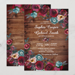 Invitation Russe Pays Bourgogne Rouge Marine Floral Mariage