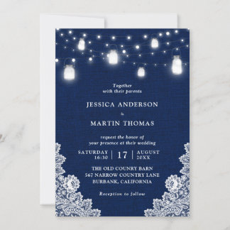 Invitation Russe Pays Marine Blue Mason Jar Lumières Mariage