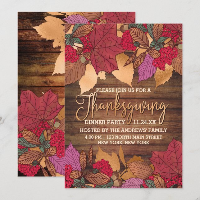 Invitation Russe Pays Rouge Chute Brown Feuilles Thanksgiving (Devant / Derrière)