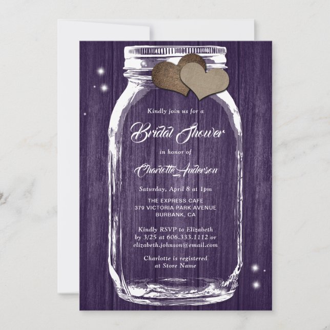 Invitation Russe Pays Violet Mason Jar Fête des mariées (Devant)