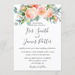 Invitation Russe Peach Coral Garden Roses Floral Mariage