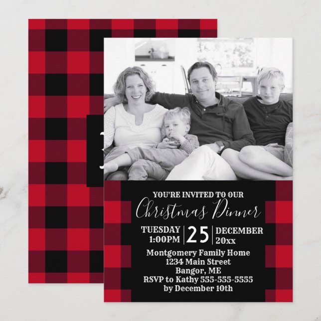 Invitation Russe Red Buffalo Plaid Photo Dîner de Noël (Devant / Derrière)