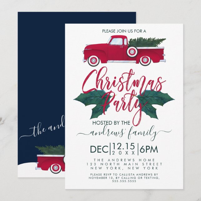 Invitation Russe Red Green Truck Feuille fête de Noël (Devant / Derrière)