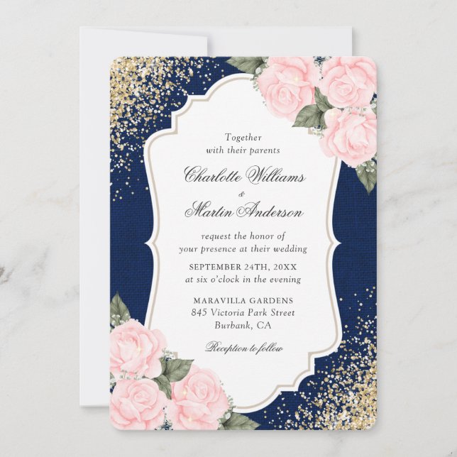 Invitation Russe Roses Bleu bleu Burlap Mariage (Devant)