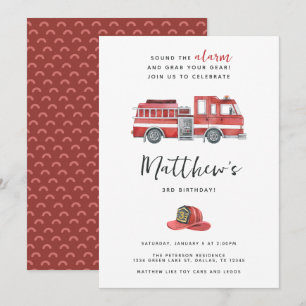 Invitation Russe Rouge aquarelle Firetruck fête d'anniversair