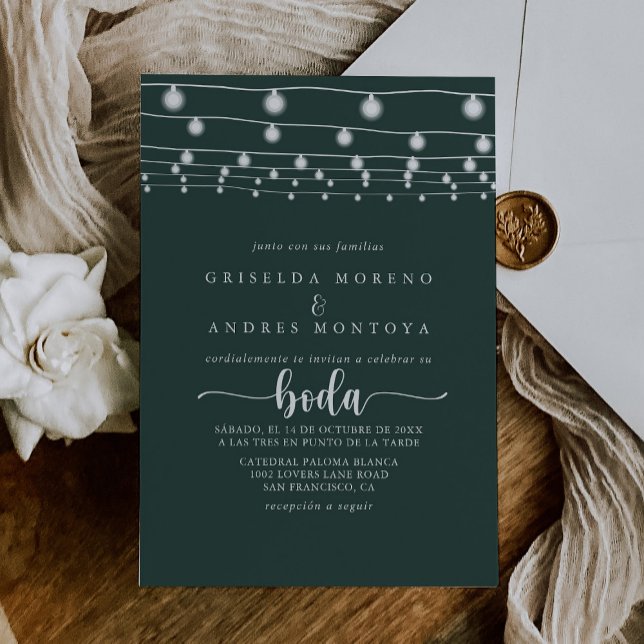 Invitation Russe String lights Mariage espagnol vert (Créateur téléchargé)