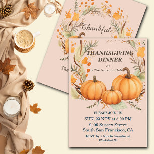 Invitation Russe Thanksgiving Citrouille Floral Dîner Personn