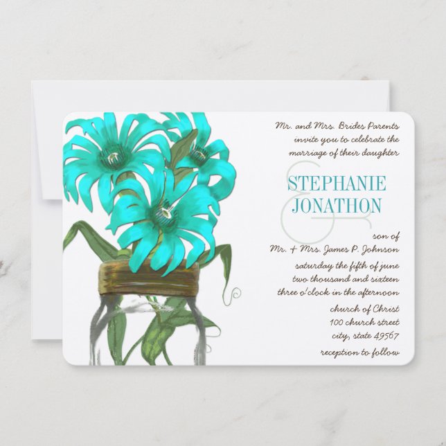 Invitation Russe Turquoise Mint Floral Mason Jar Mariage (Devant)