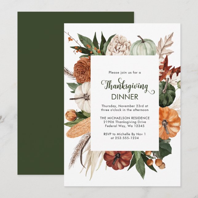 Invitation Russe Vert Citrouille Thanksgiving Dîner (Devant / Derrière)