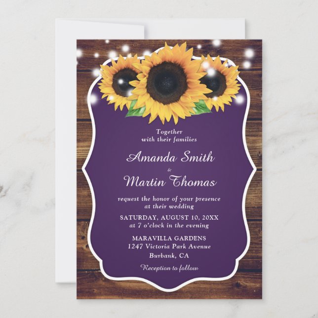 Invitation Russe violet et Mariage de tournesol (Devant)