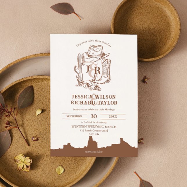Invitation Russe Western Ranch Farm Grange Cowboy Bottes (western wedding with hand drawn cowboy hat, boots, cactus)