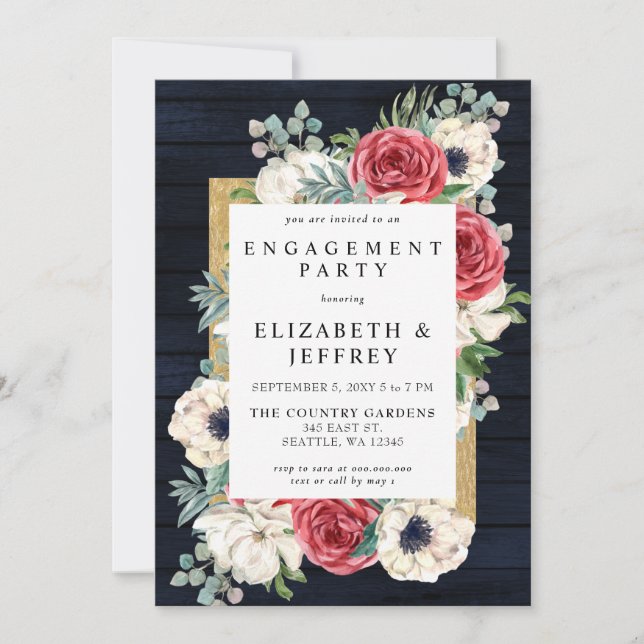 Invitation Russe Wood Navy Burgundy Gold Engagement Party (Devant)