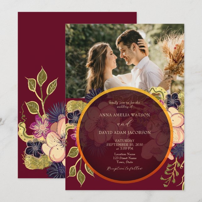 Invitation Russie Bourgogne Florale Mariage de photo Invitati (Devant / Derrière)