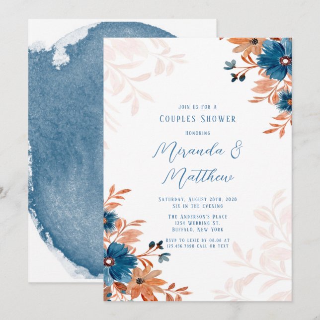 Invitation Rust et bleu Aquarelle Florals Couples Douche (Devant / Derrière)