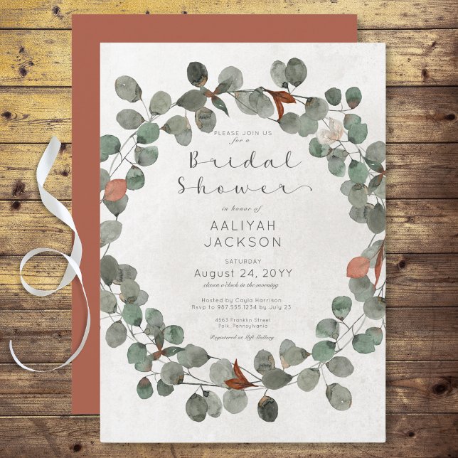 Invitation Rust & Green Eucalyptus Fête des mariées moderne (Rust & Green Eucalyptus Modern Bridal Shower Invitation)