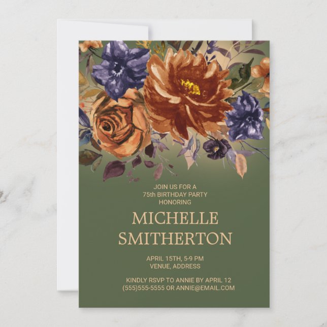 Invitation Rust Navy Blue Floral Green 75e anniversaire (Devant)