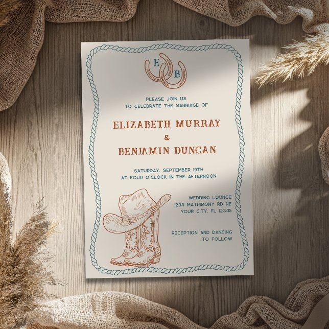 Invitation Rust Teal Western Horseshoe Monogram Wedding (Créateur téléchargé)
