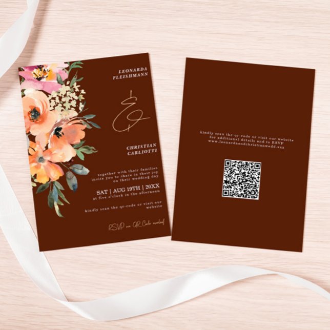 Invitation Rust Terracotta Floral QR Code Mariage (Créateur téléchargé)