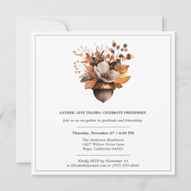 Invitation Rustic Acorn Floral | Thanksgiving Dinner Party (Devant)