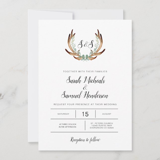 Invitation Rustic Antler & Greenery Watercolor Mariage (Devant)