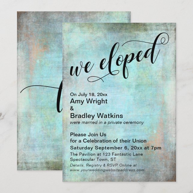 Invitation Rustic Aqua We Eloped Post Mariage Celebration (Devant / Derrière)