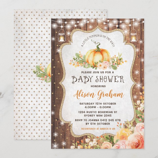 Invitation Rustic Automne Citrouille Baby shower Automne Flor (Devant / Derrière)