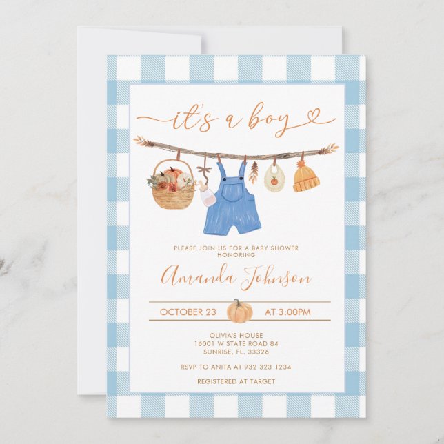 Invitation Rustic Automne Citrouille Clothesline Baby shower  (Devant)