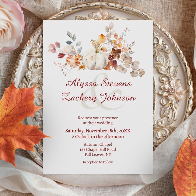 Invitation Rustic Automne Feuilles Automne Citrouille Mariage (White Pumpkin Autumn Leaves Fall Wedding Invitation)