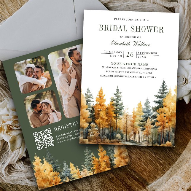 Invitation Rustic Autumn Forest Photo QR Code Fête des mariée (Créateur téléchargé)