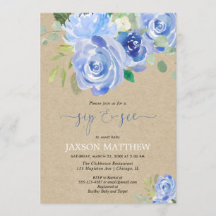 Invitation Rustic Baby boy Sip voir bleu floral aquarelles