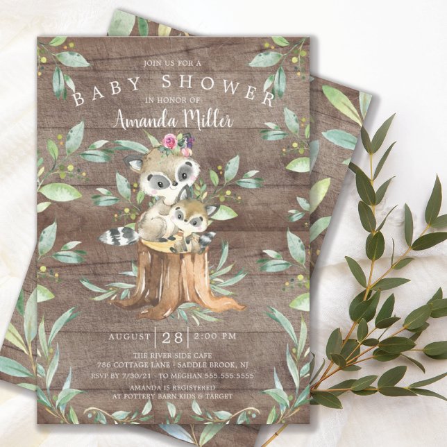 Invitation Rustic Baby Raccoon et Maman Baby shower de bois (Créateur téléchargé)