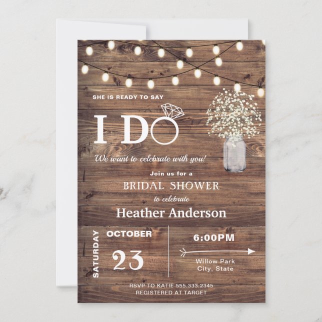 Invitation Rustic Baby Respiration et String Lumières Fête de (Devant)